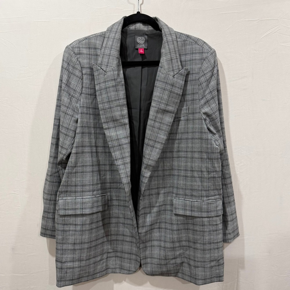 Vince Camuto Plaid Blazer Gray Women's Size 16 Boyfriend Fit Open Front Jacket